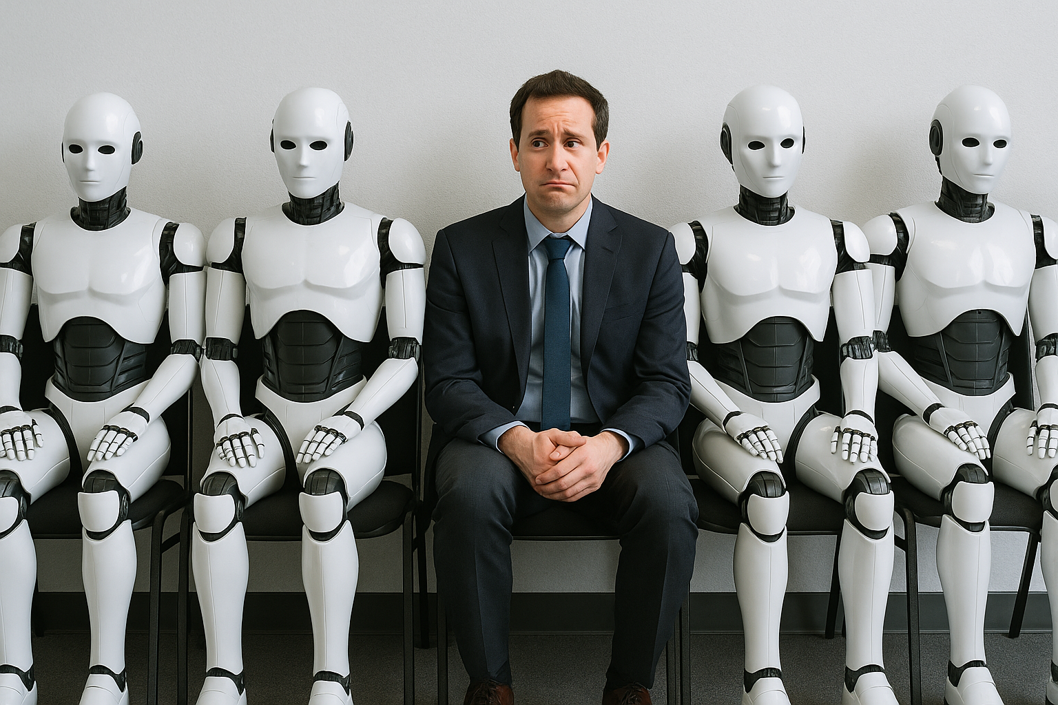 A man waiting for an interview with several robots in the queue.