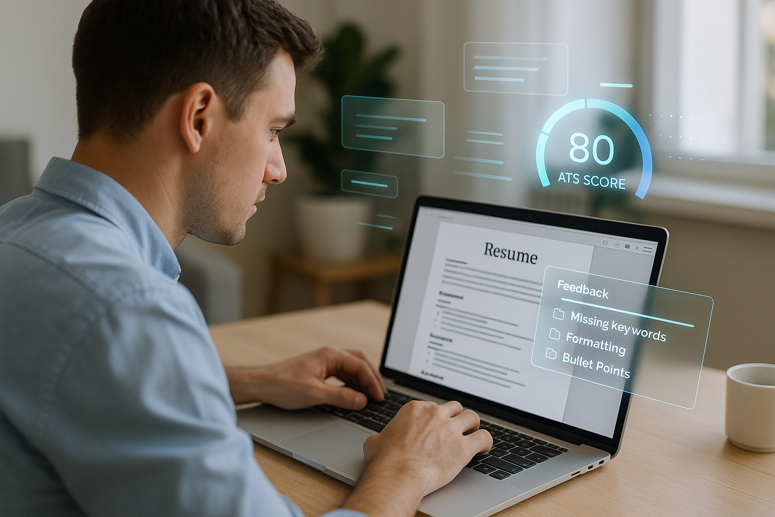 Person in a home office types on a laptop showing a resume. Floating UI shows ATS score 80 and feedback: missing keywords, formatting, bullet points. Coffee mug and plant on the desk.