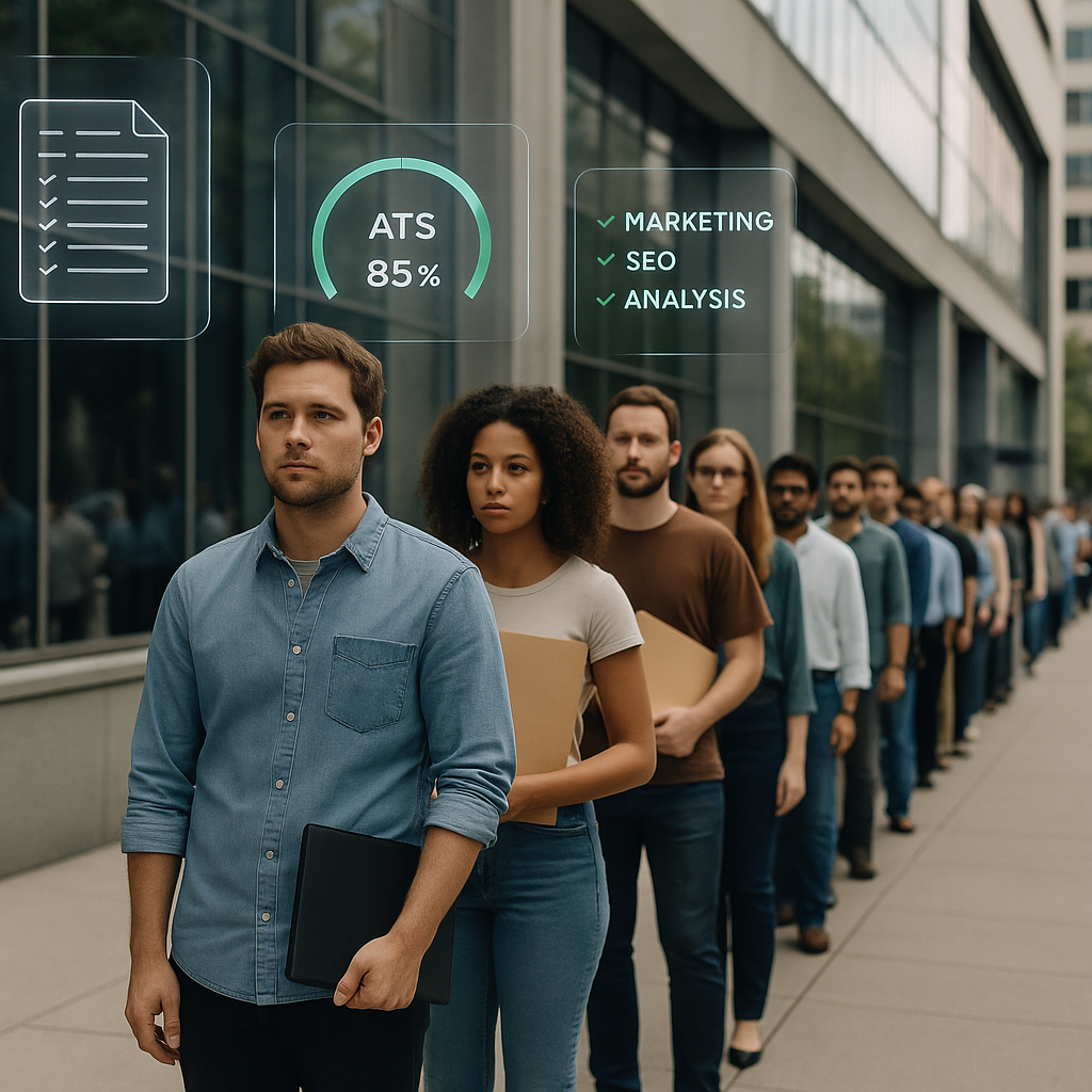 Long line of job applicants outside a modern office, holding folders and laptops. Transparent graphics show a resume checklist, an ATS score of 85%, and a skills list: marketing, SEO, analysis.