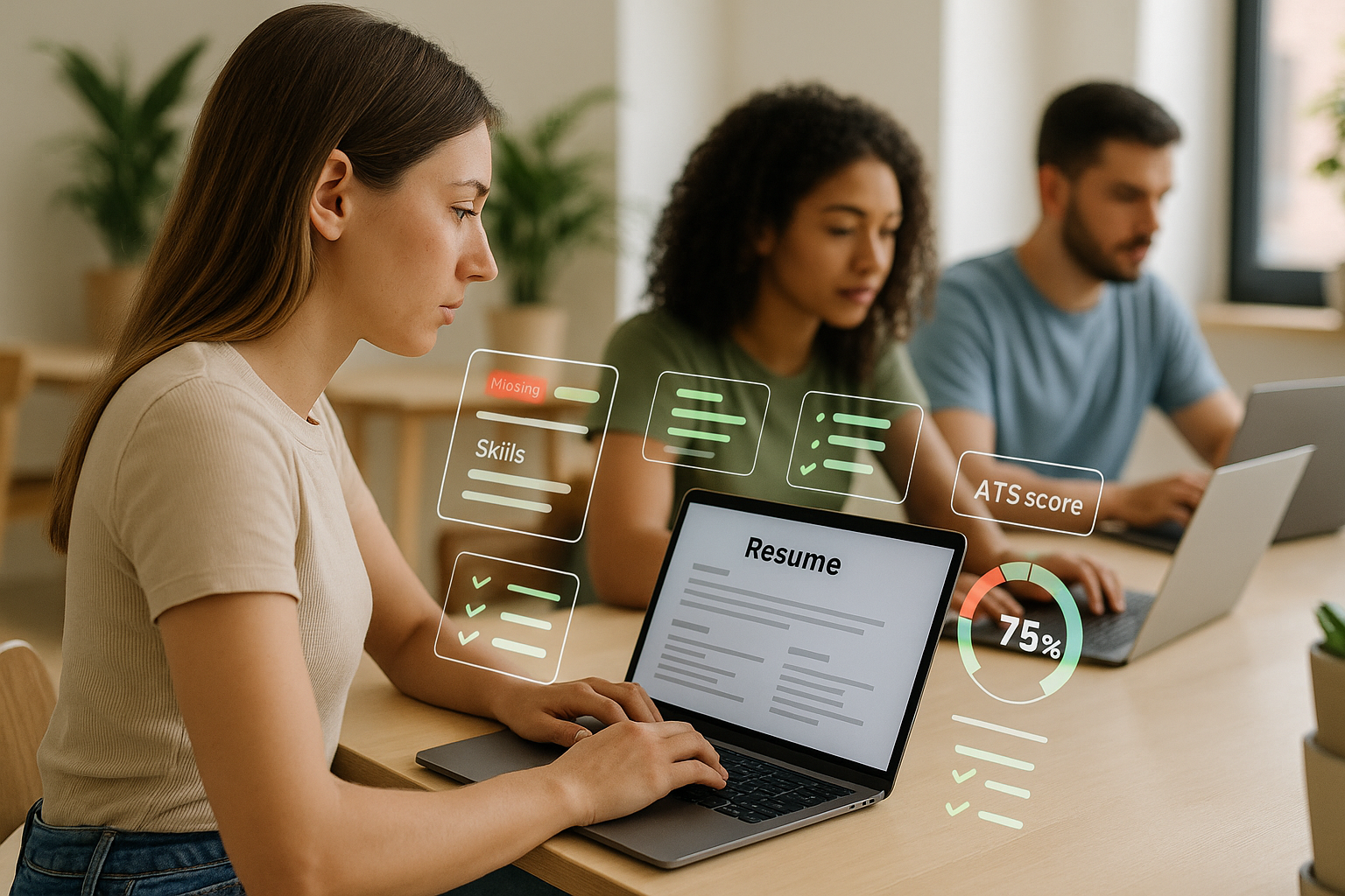 Three people work at a long desk with laptops in a bright office. In the foreground, a woman types on a laptop displaying a resume; translucent UI graphics show skills checks and an ATS score of 75%.