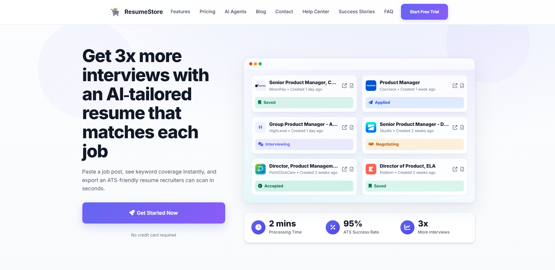 ResumeStore landing page touting 3x more interviews with AI-tailored resumes; right shows job-tracking cards; CTA Get Started Now; stats: 2 min processing, 95% ATS success, 3x interviews.