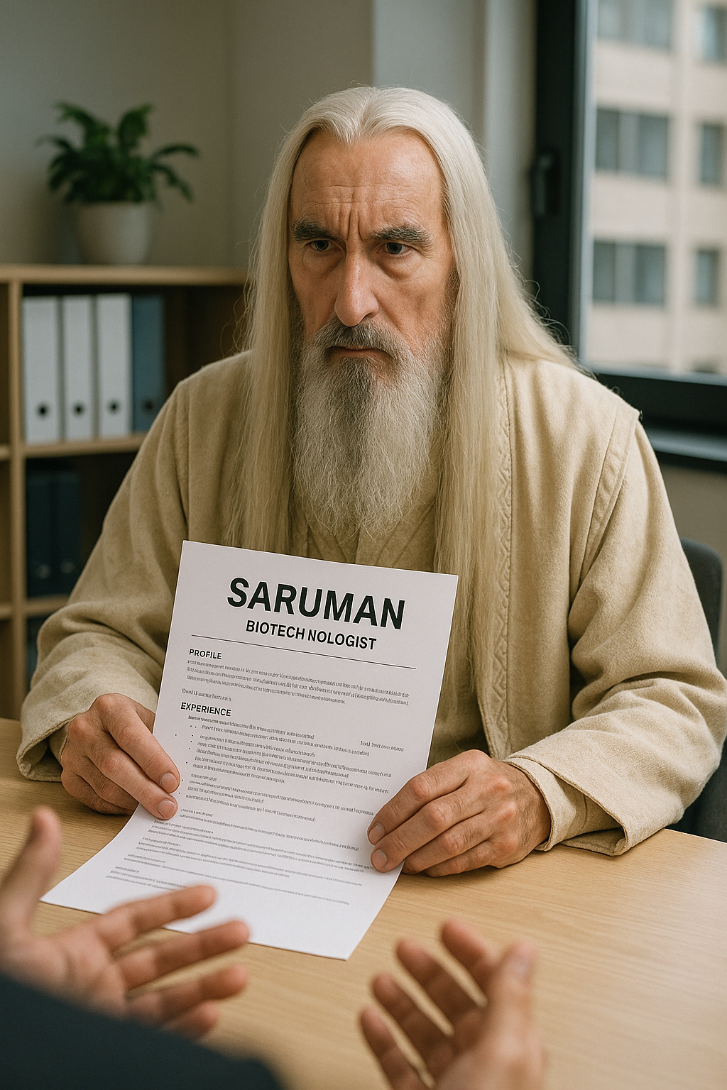 Saruman applying to be a Biotechnologies based on his work on the Uruk-hai.