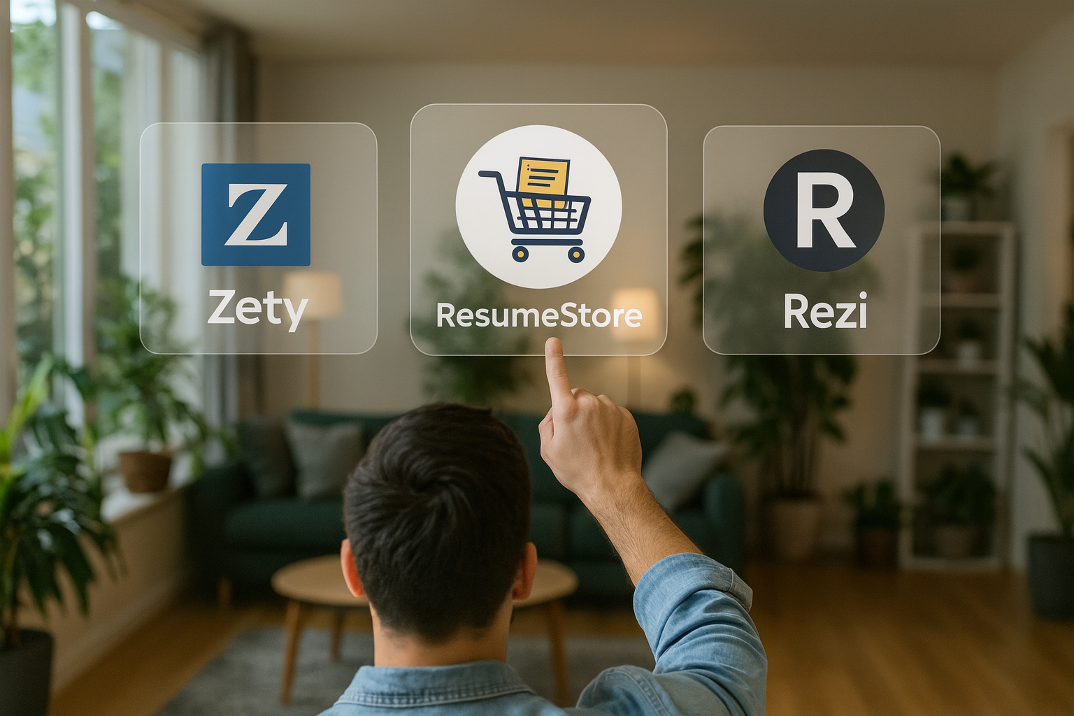Image showing a job seeker choosing between Zety, ResumeStore and Rezi